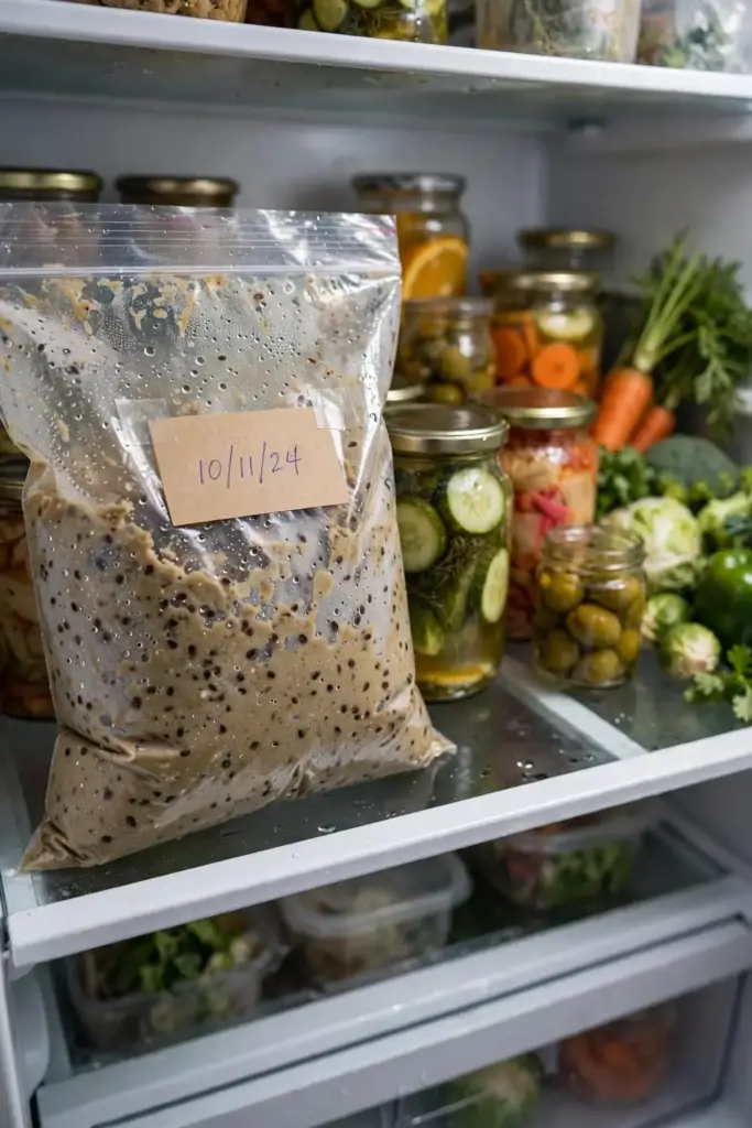 Sealed bag of skullcap seed with moist vermiculite stratifying on a refrigerator shelf