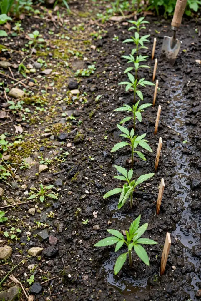 Young Chinese skullcap transplants evenly spaced in a garden row with labels
