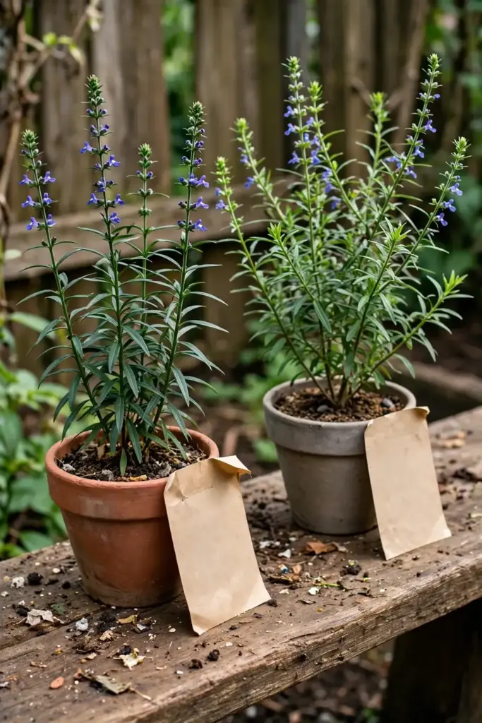 Chinese skullcap beside American skullcap in pots showing the leaf difference