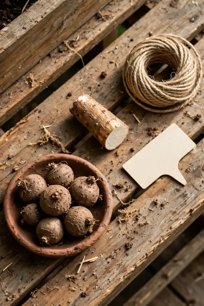Flat lay of bulbils, tuber section, twine, and plant label on a potting bench