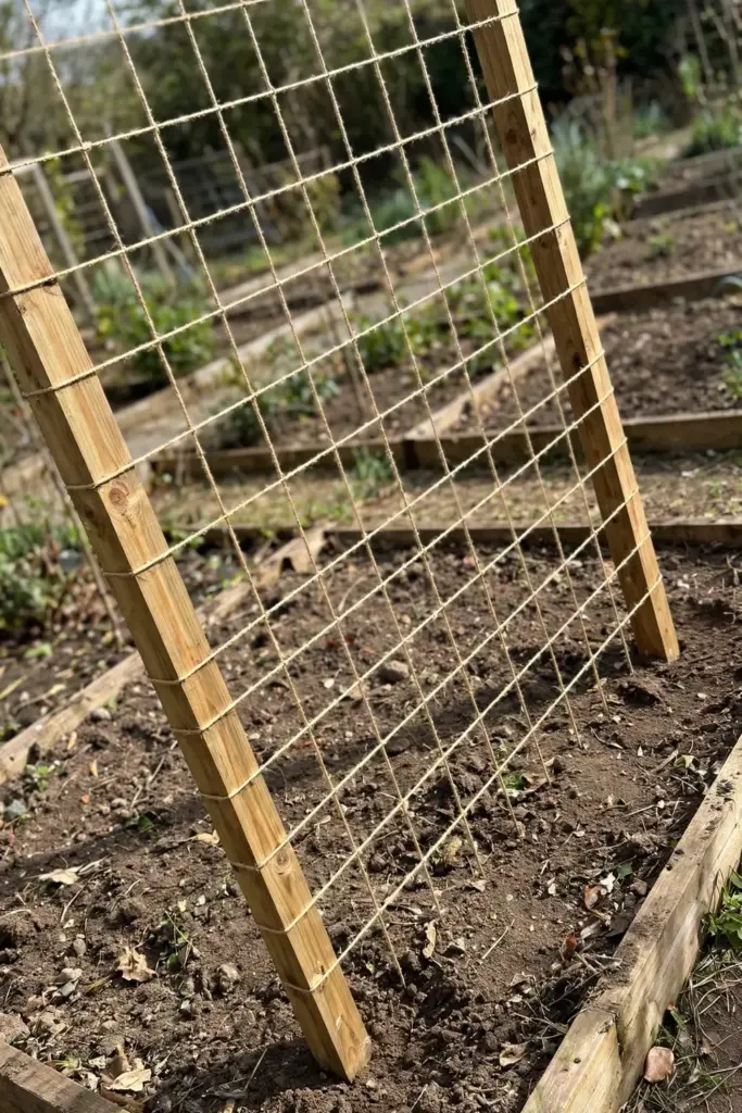 New wooden post trellis with twine grid standing in a garden bed