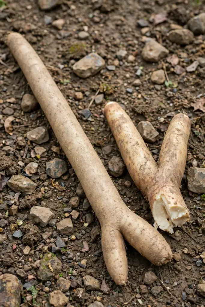 Forked broken tuber from rocky soil beside a straight intact tuber