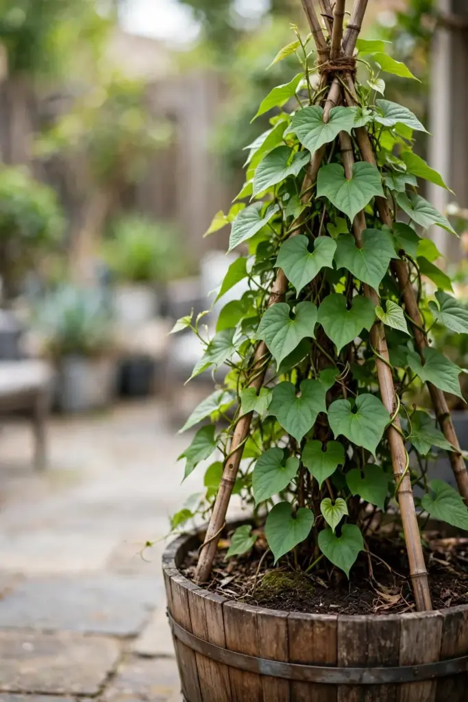 Chinese yam vine climbing a bamboo teepee in a half-barrel planter