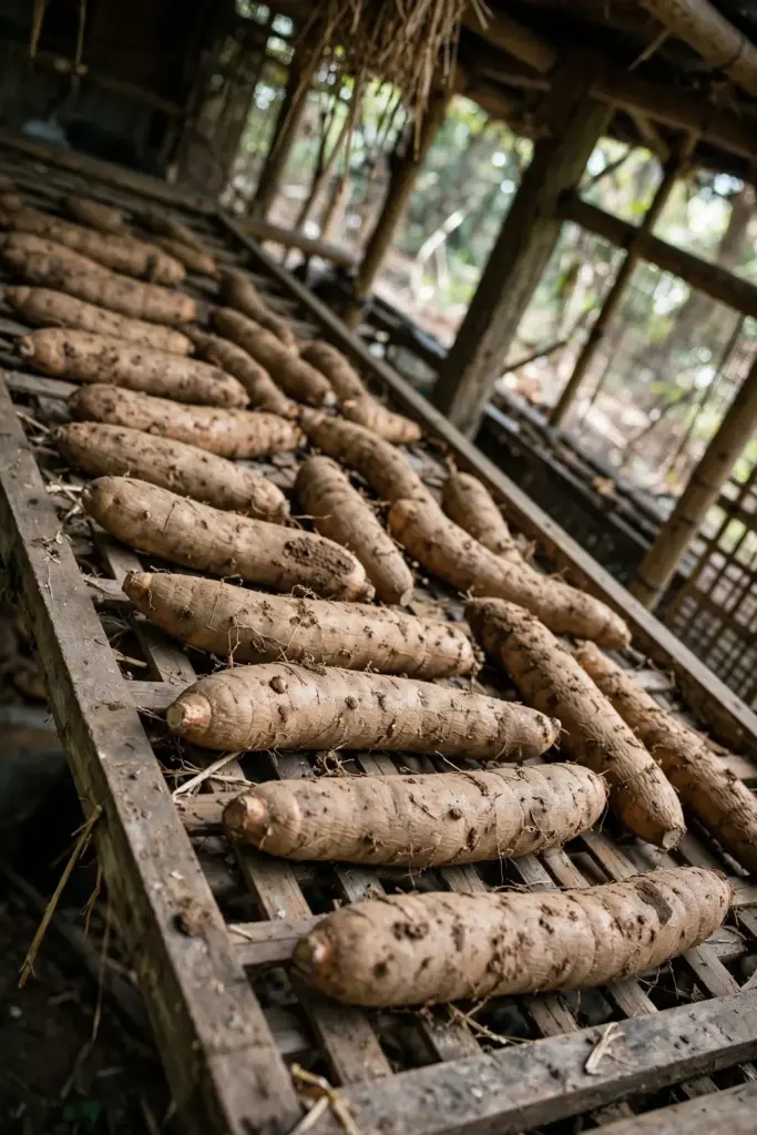 Chinese yam tubers curing in a single layer on a wooden rack
