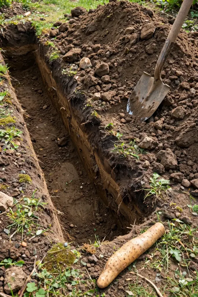 Deep garden trench beside a long harvested Chinese yam tuber showing true harvest depth