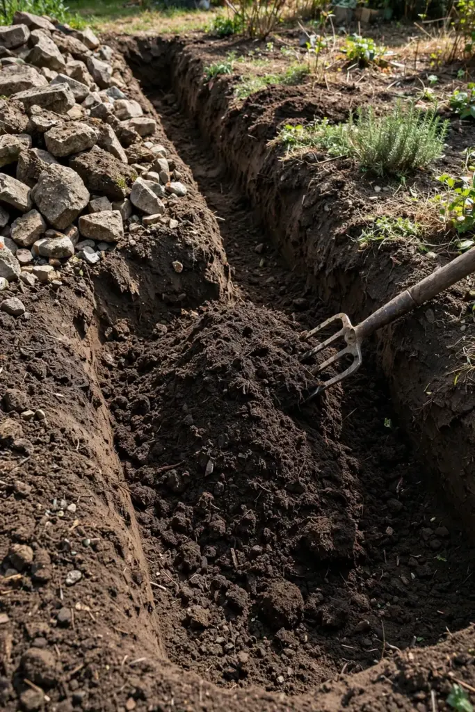Deep-dug garden bed with compost being worked into stone-free soil