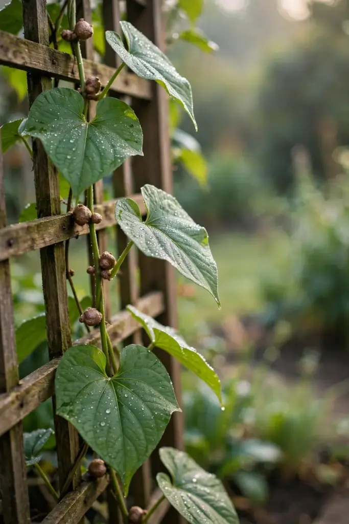 Chinese yam vine with morning dew on leaves and bulbils in axils