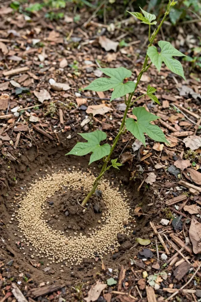 Granular fertilizer scattered in a ring around a Chinese yam vine base