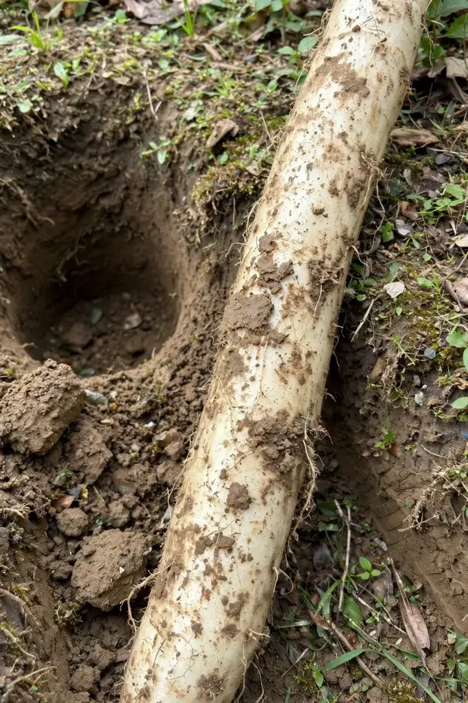Freshly dug Chinese yam tuber held up against the garden bed