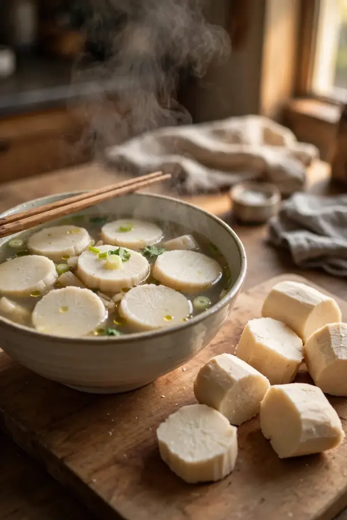 Bowl of soup with sliced Chinese yam and peeled pieces on a board