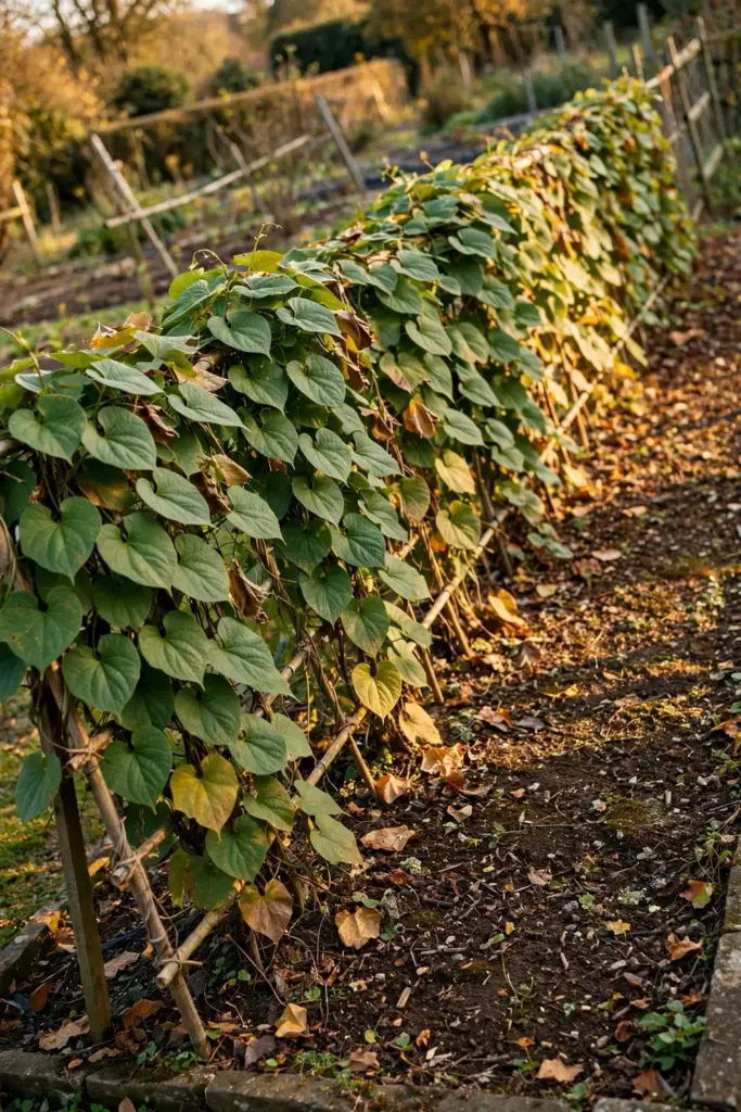 Row of trellised Chinese yam vines with lush foliage in a garden bed