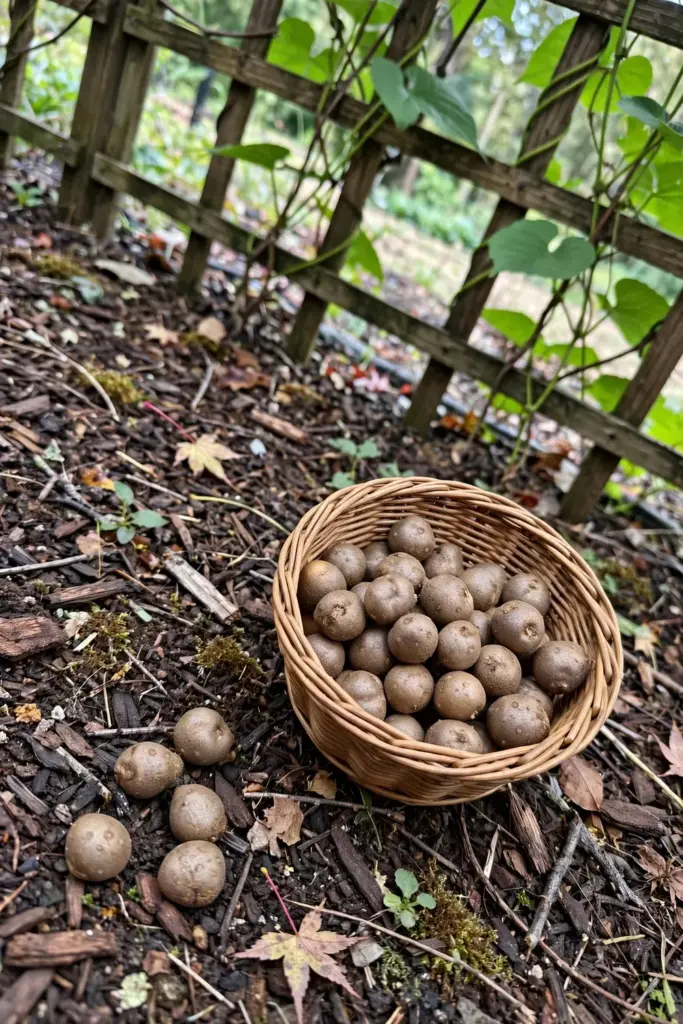 Basket of collected bulbils on mulch beneath a Chinese yam trellis
