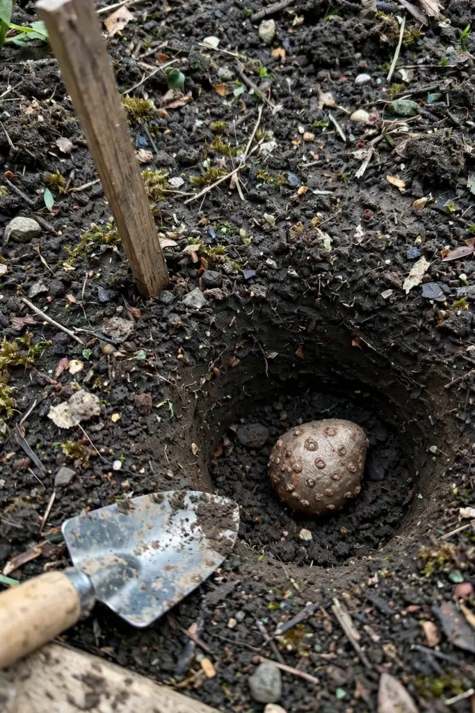 Chinese yam bulbil set in a shallow planting hole with a labeled stake nearby