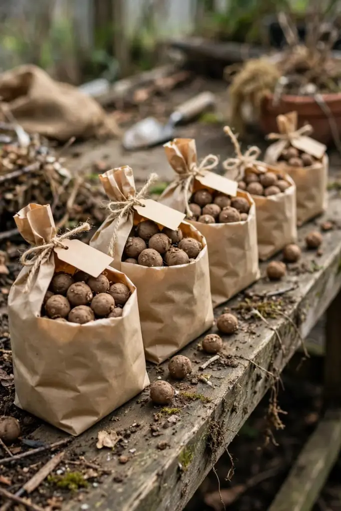 Labeled paper bags of Chinese yam bulbils saved for next spring