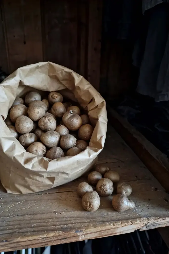 Paper bag of cured Chinese yam bulbils stored on a cool closet shelf