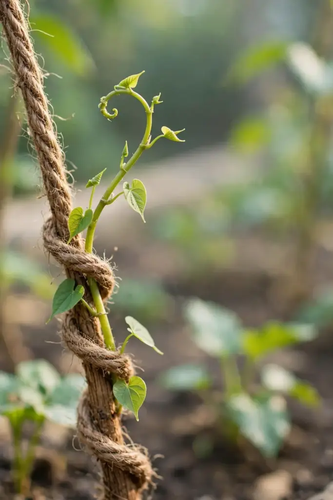 Young Chinese yam shoot winding around garden twine