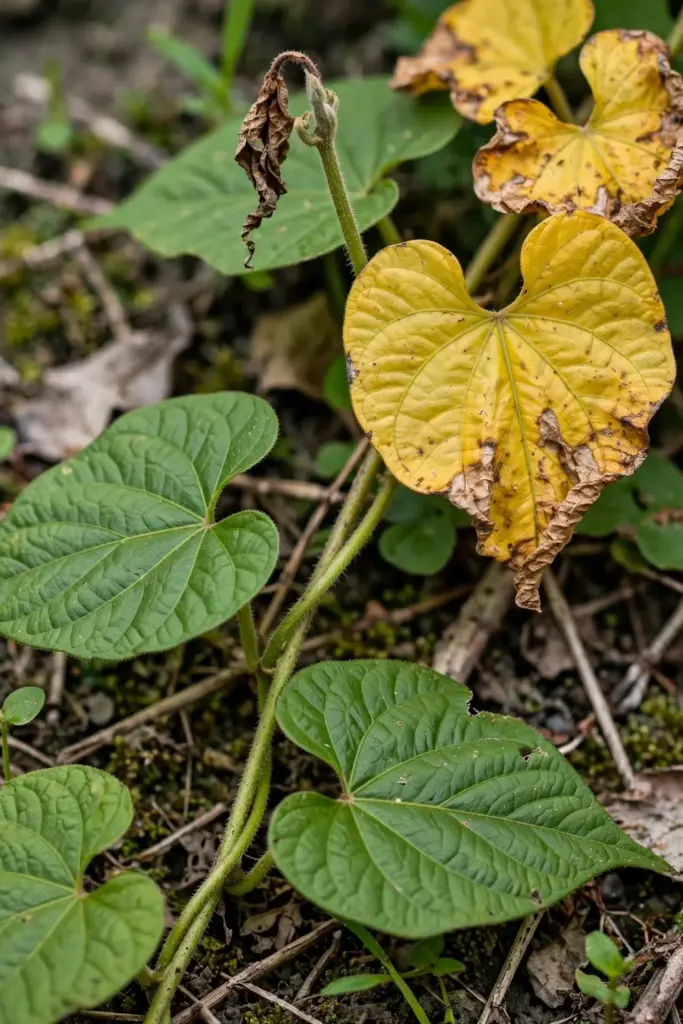 Chinese yam vine with yellowing lower leaves for troubleshooting