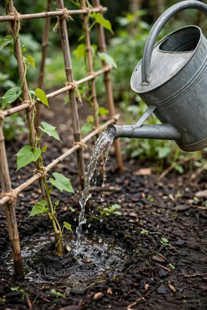 Watering can soaking mulch at the base of a young Chinese yam vine