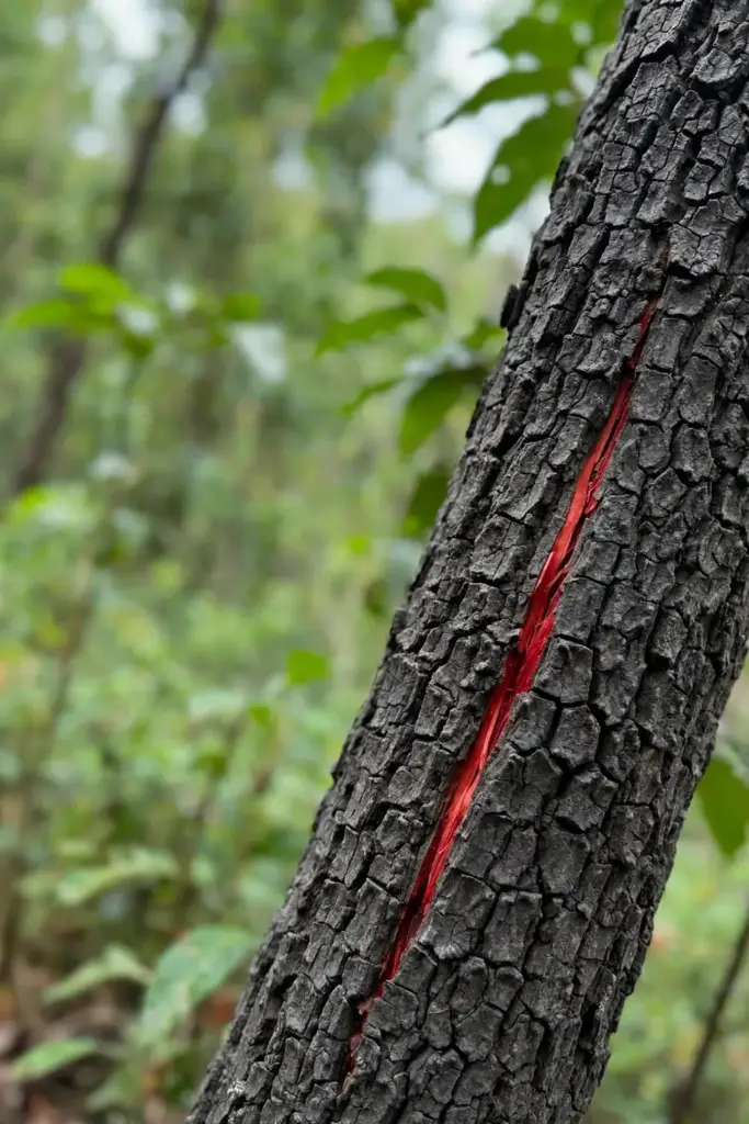 Dark gray crocodile bark with red blaze on a chironji tree trunk