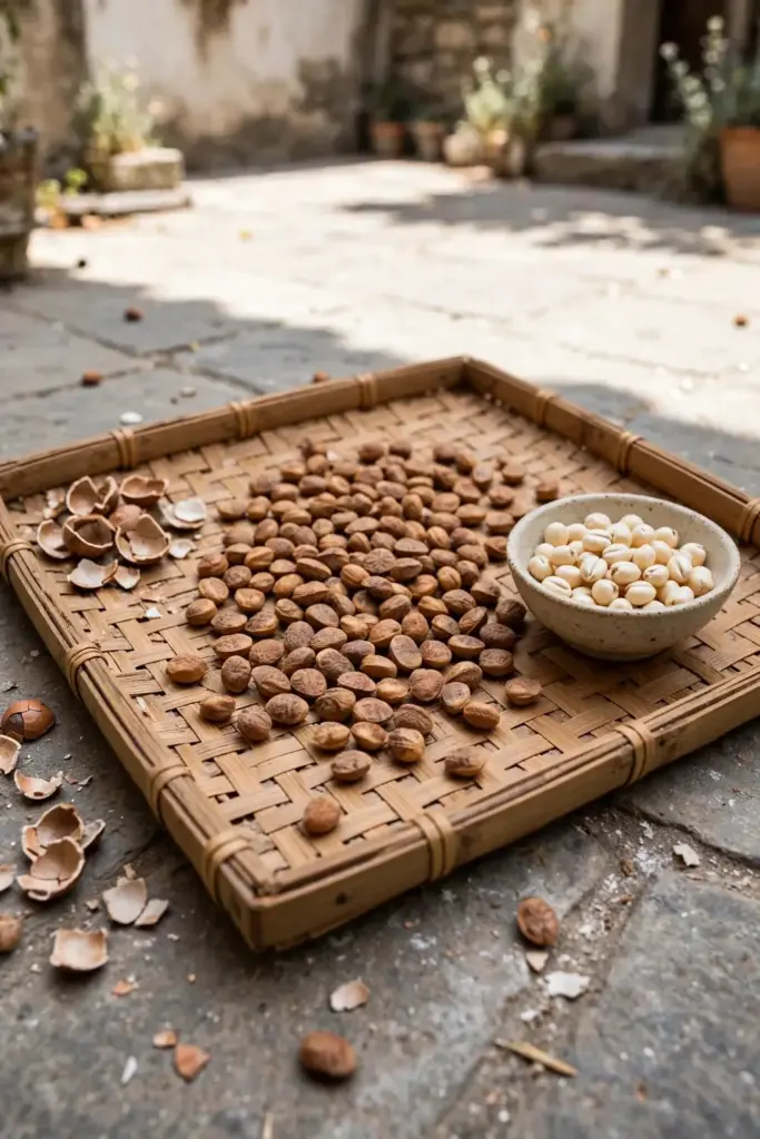 Sun-dried chironji drupes on a woven tray with a bowl of kernels