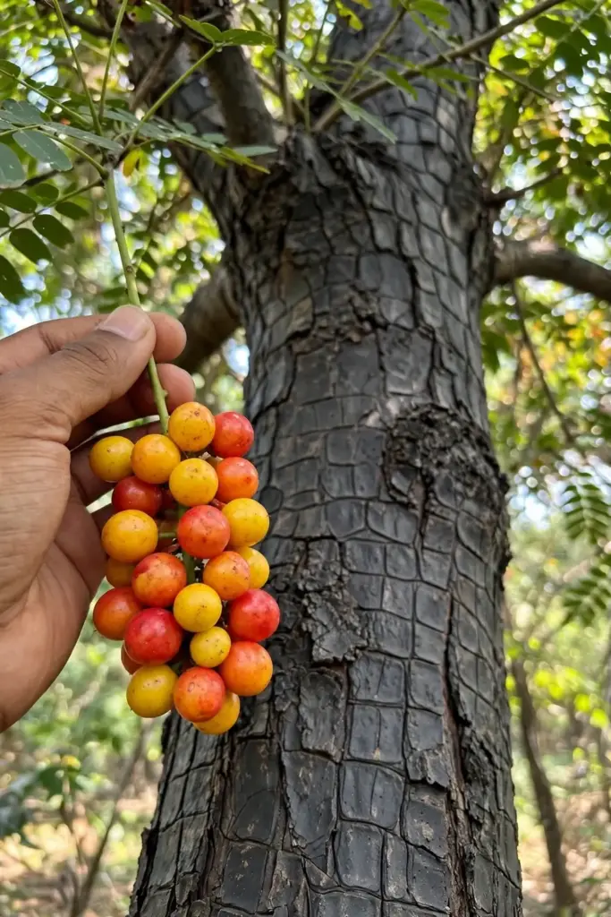 A hand holding ripe chironji fruits beneath the tree crown