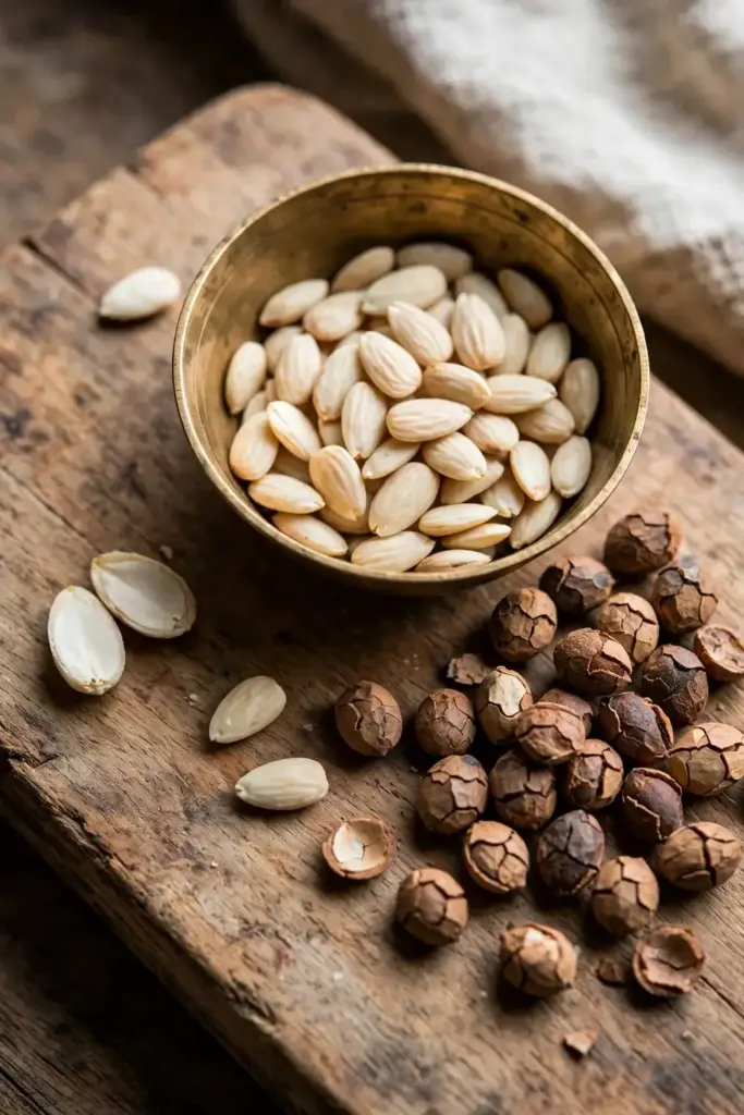 Cracked chironji drupes with pale almond-like kernels in a small bowl