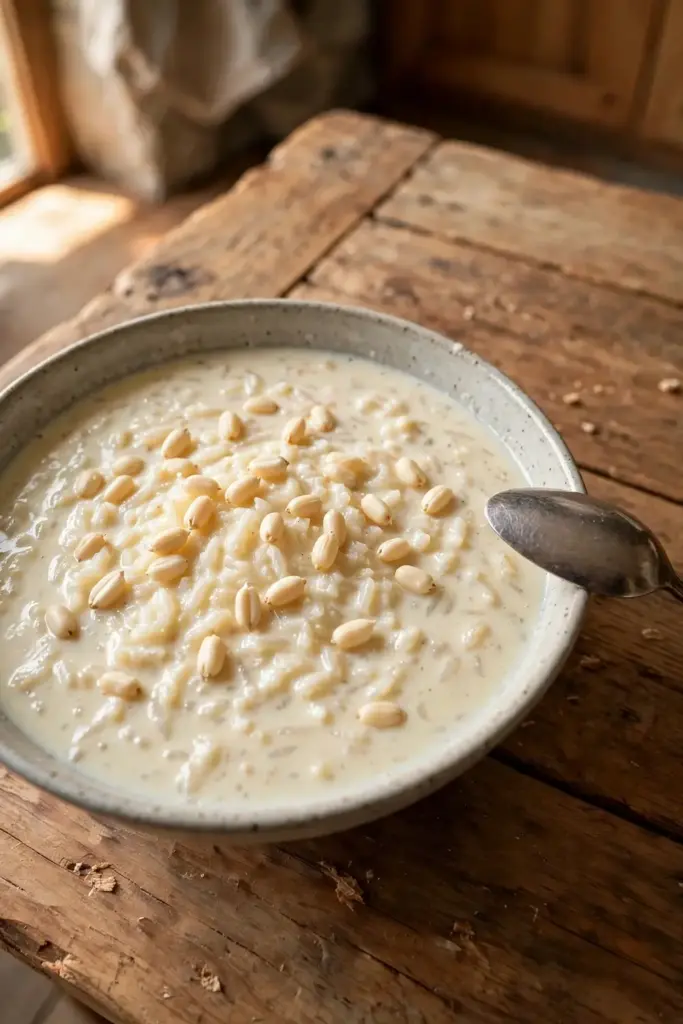 A bowl of kheer garnished with chironji kernels