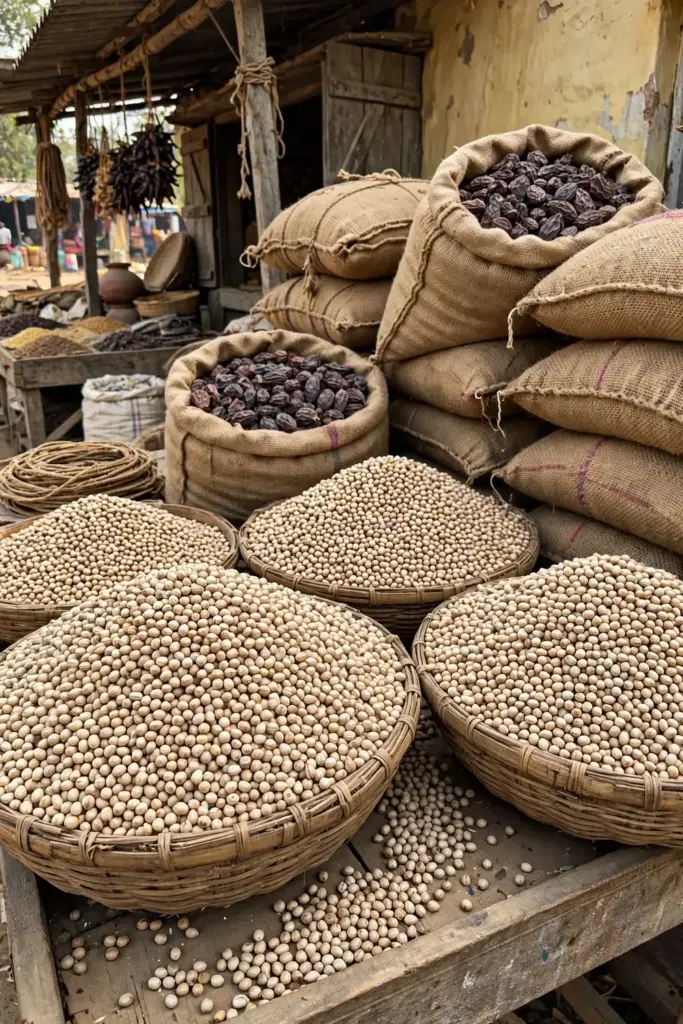Woven baskets of charoli kernels at a rural market