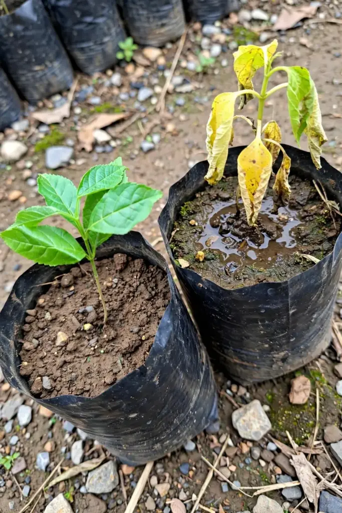 A healthy chironji seedling beside a waterlogged yellowing one