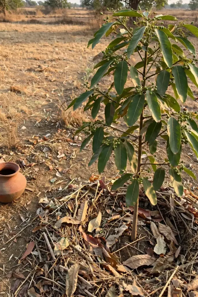 Young chironji tree with a leaf mulch ring and a clay watering vessel