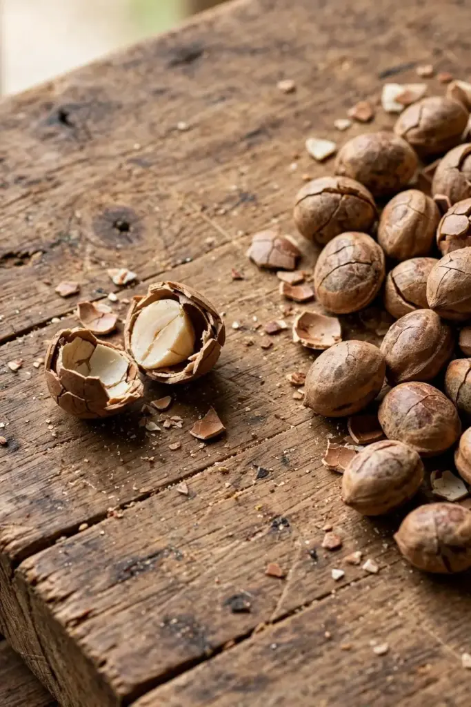 Chironji stony endocarps cracked open to expose the kernel