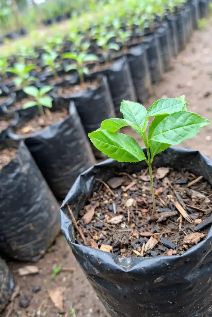 Young chironji seedling with first true leaves in a nursery polybag