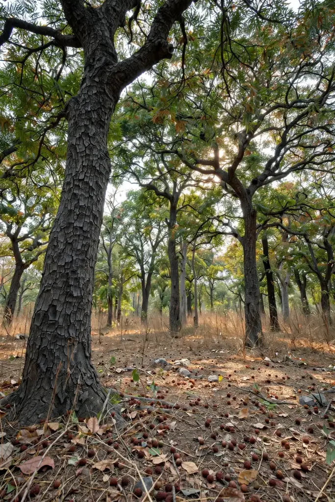 Tall chironji trees in a dry deciduous forest with fallen fruits on the ground