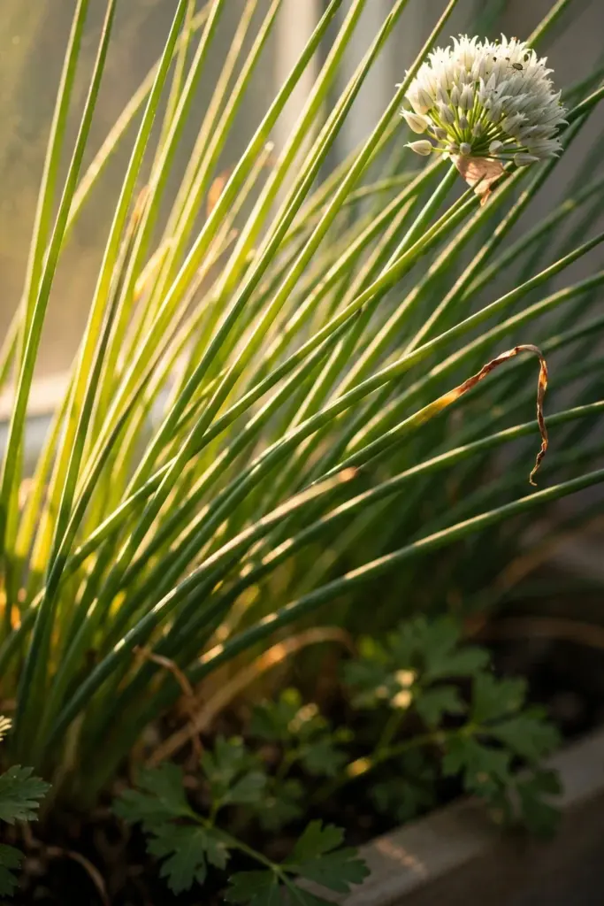 Garlic chive blades and white blooms in sharp close detail