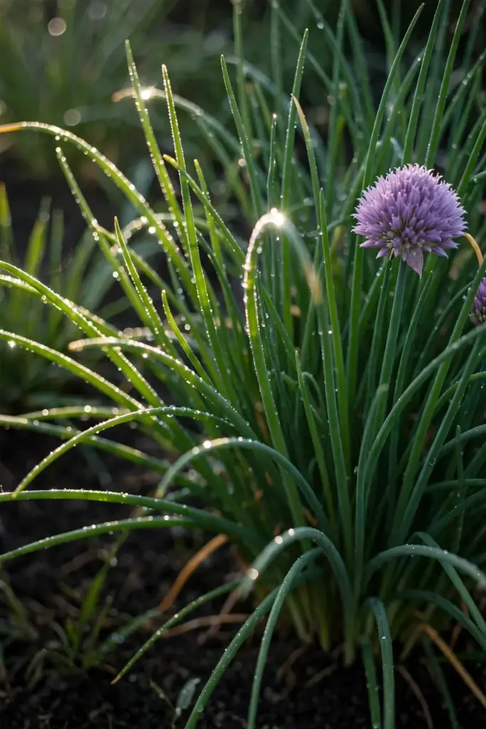 Chive blades with a lavender pompom flower and dew beads