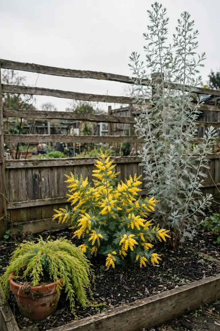 Three wattles of different sizes in one garden bed for comparison