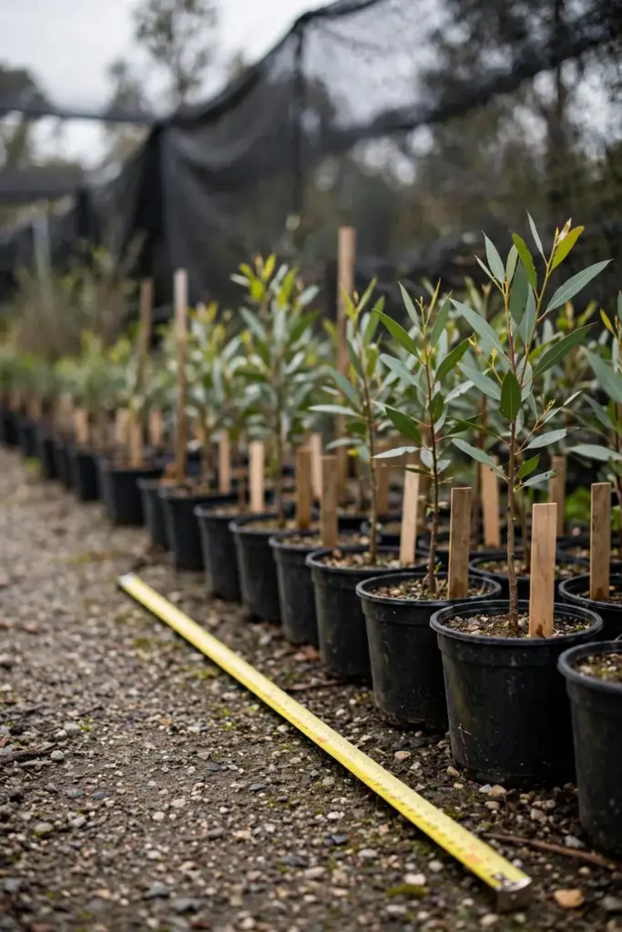 Young potted gum trees in a nursery row with labels and a tape measure on the ground