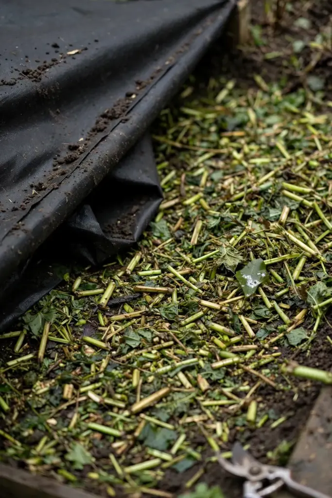 Chopped cover crop residue as mulch with black tarp edge and shears