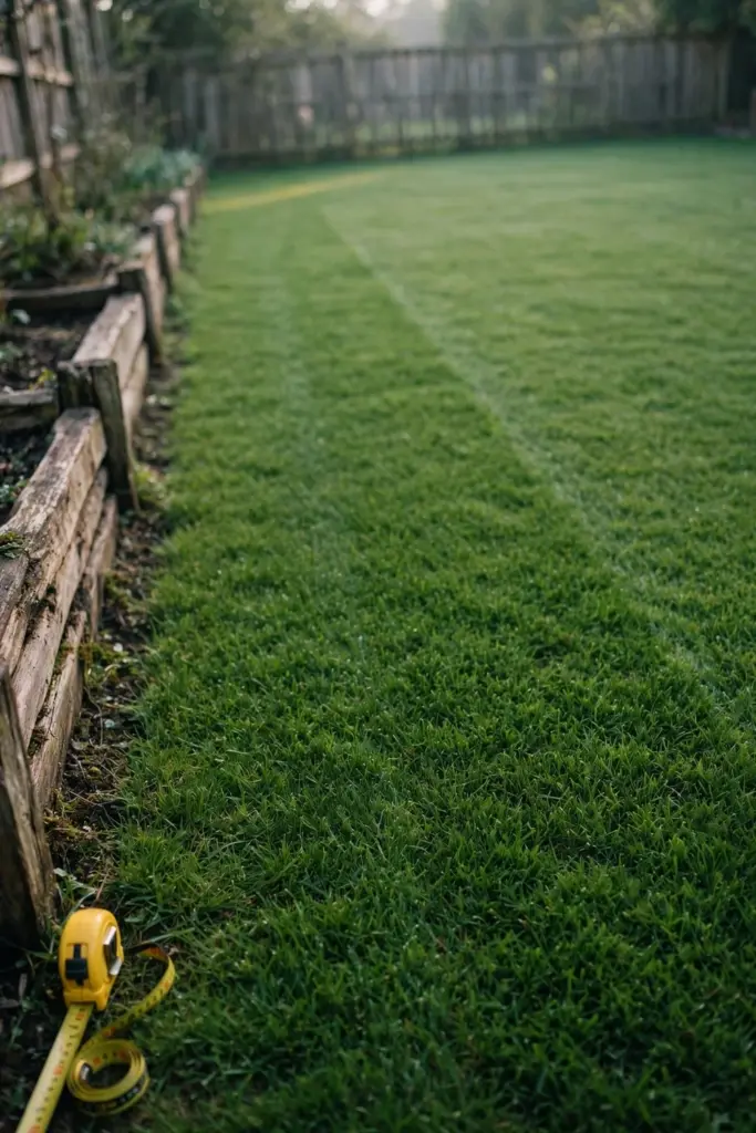 Healthy chosen lawn in morning light with a tape measure at the edge