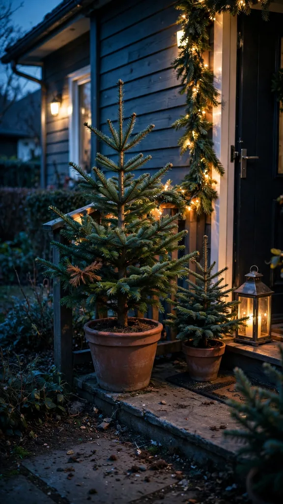 Front garden Christmas display with living fir tree, potted spruce, garland, and warm lights.