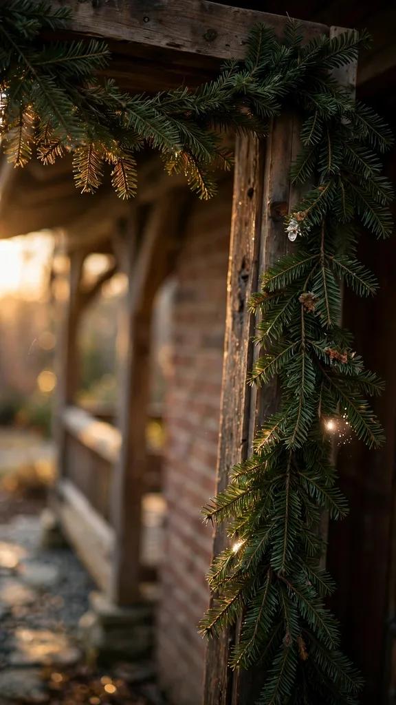 Fir garland draped around a door frame with overlapping boughs
