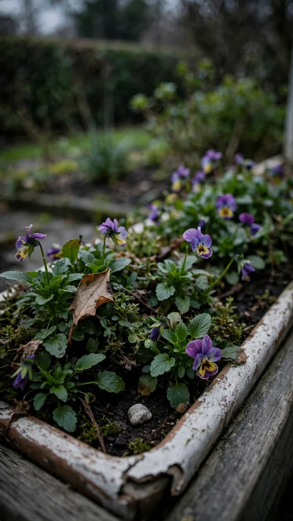 Winter pansy border flowering along a porch edge
