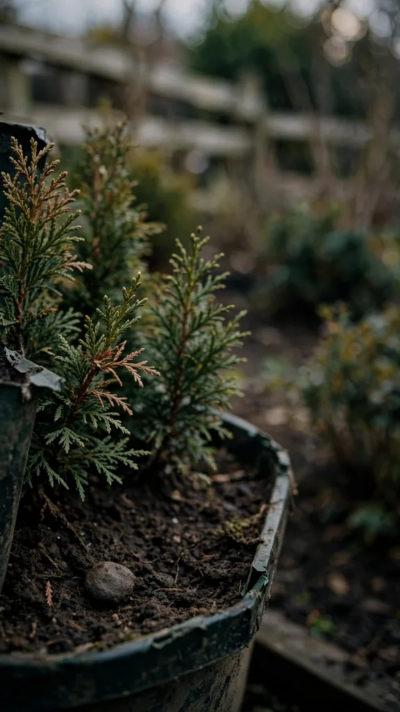 Young winter shrubs newly planted in a bed