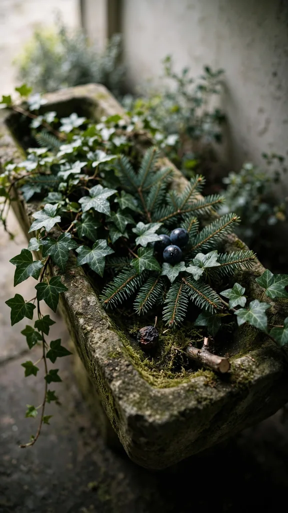 Stone trough of ivy and fir at a threshold