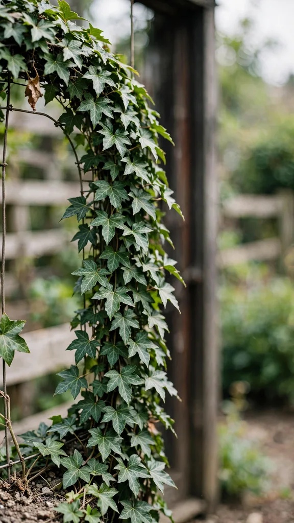 Living ivy trained on a wire frame around a door