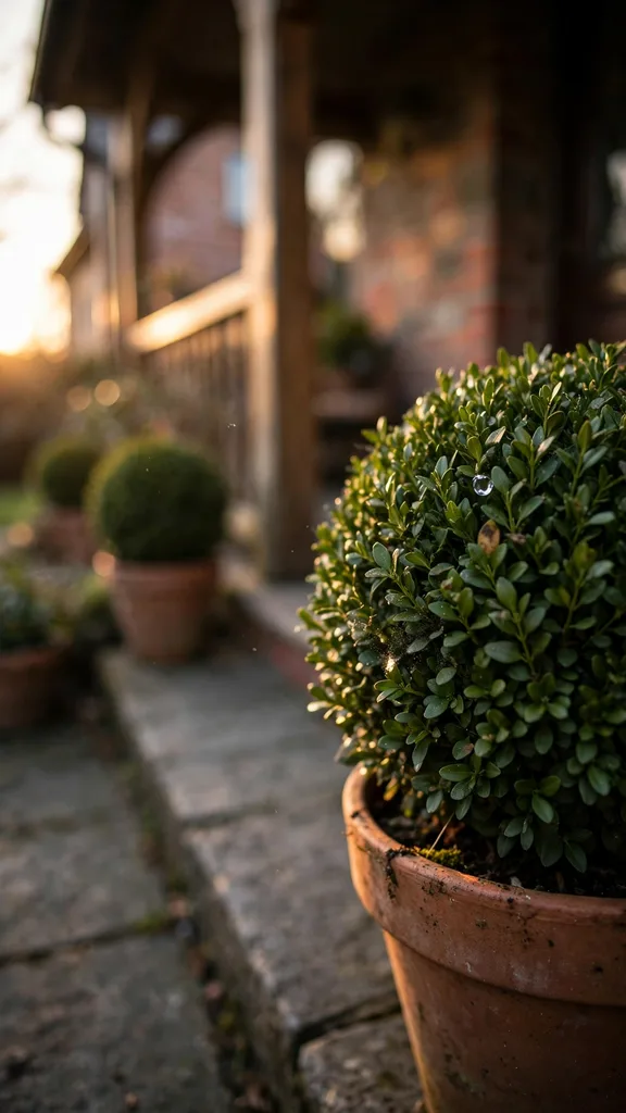 Potted boxwood balls edging a front path