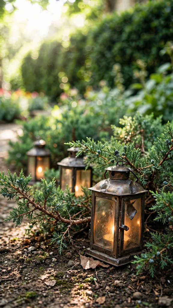 Lanterns glowing among low juniper along a path