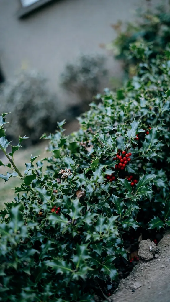 Holly hedge accent with red berries at a path corner