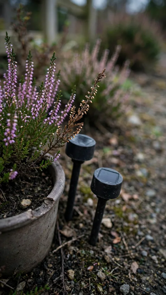 Solar path markers beside flowering winter heathers