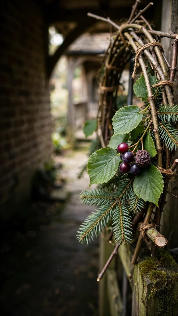 Twig arch over a garden gate dressed with fir